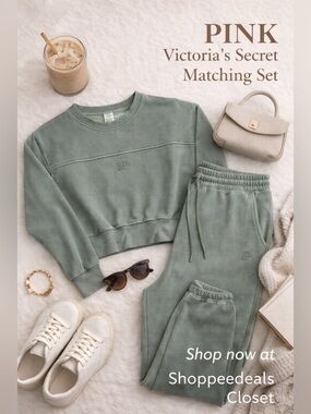 PINK Victoria’s Secret Ivy Fleece Cropped Sweatshirt & Jogger Set XS/S